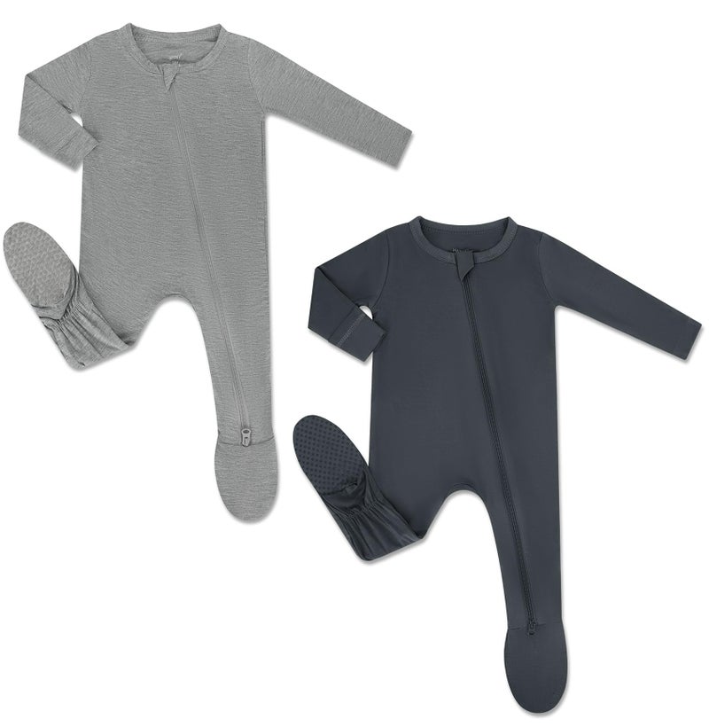 HAPIU Rayon from Bamboo Baby Footed Pajamas, 2 Way Zipper YKK, Footie for Baby Boy Girls, Newborn-24 Months, 2-Pack, Light Heather Grey&Dark Grey, Newborn - Image 1